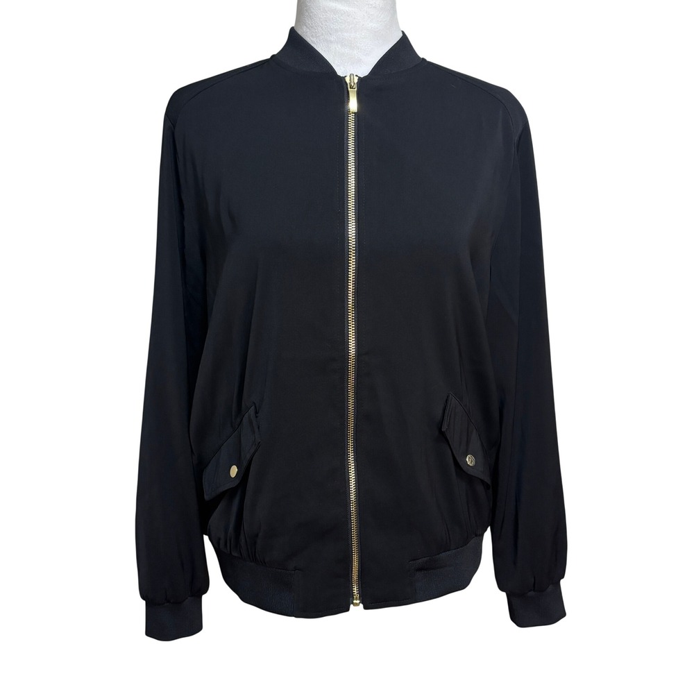 Susan Graver Bomber Jacket Black Gold Metal Zip Pockets Classic Casual Chic S